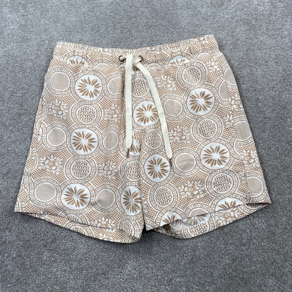 Malibu Swim Trunks Mens Small Brown Ecru Geometric Medallion UV Protection New